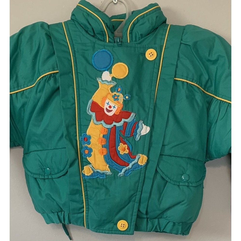 Toddler Winter Down Filled Hooded Jacket Green Clown Detail Size 2T  - Picture 3 of 6